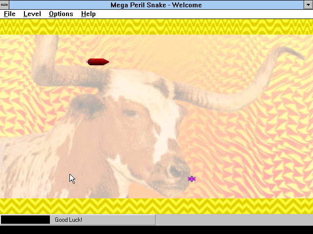 Mega Peril Snake (Windows 3.x) screenshot: The start of a game. <br>There's no scoring in this game<br>The food is the pink blob below and to the right of centre