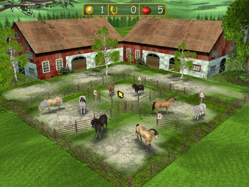 Horse + Pony Magazine: My First Pony (Windows) screenshot: This is the horse dealer's place. There are four categories of horse each costing progressively more 'horse coins' as they get bigger