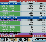 Player Manager 2001 (Game Boy Color) screenshot: Financial Info
