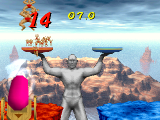 Bishi Bashi Special (PlayStation) screenshot: Launch the body builders onto the trays the huge jumping statue is holding using your pretty pink cannon.