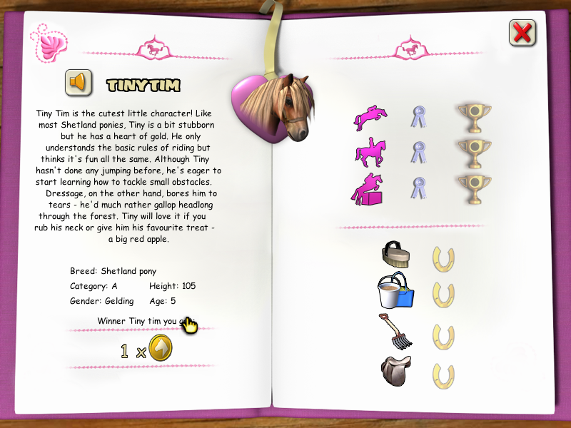 Horse + Pony Magazine: My First Pony (Windows) screenshot: Tiny Tim's record book<br>This is accessed by clicking on the heart shaped horse picture found in the top right of most screens