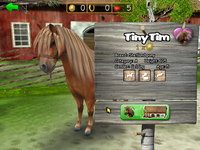 Horse + Pony Magazine: My First Pony (Windows) screenshot: There are two horses the player can unlock at the start of the game because they only cost one 'horse coin'. One of them is 'Tiny Tim'
