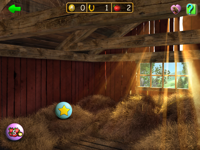 Horse + Pony Magazine: My First Pony (Windows) screenshot: This is the hay loft. There are two tile matching puzzles here, same puzzle but different rewards. One gives the player apples, needed to teach the horse tricks, the other pretty stars