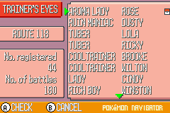 Pokémon Ruby Version (Game Boy Advance) screenshot: You can now easily see what trainers want to battle you again