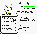 Pokémon Yellow Version: Special Pikachu Edition (Game Boy) screenshot: Pikachu status (on a GBC)