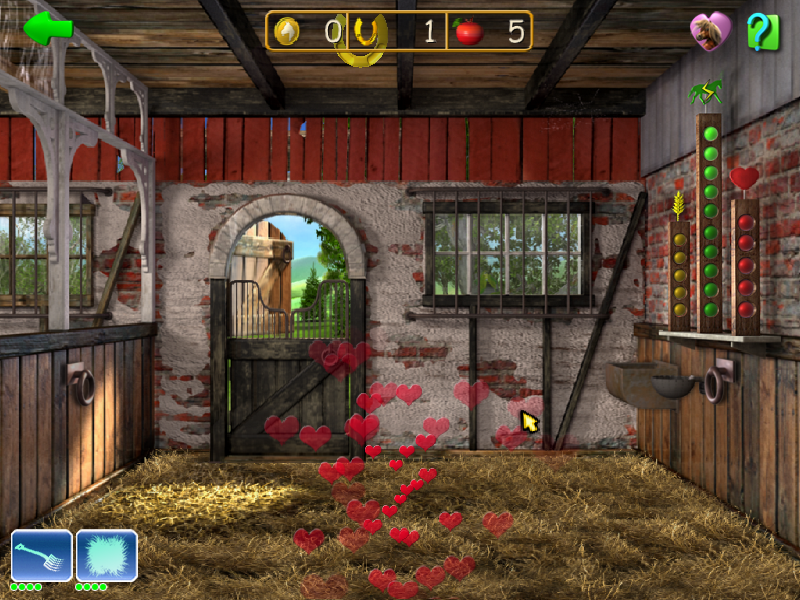 Horse + Pony Magazine: My First Pony (Windows) screenshot: Feel the love<br>The player has just cleaned the stall and replaced the manure with fresh hay. For this they get a shower of hearts and a golden horseshoe