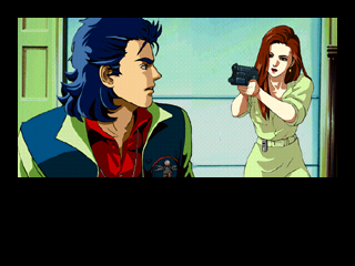 Policenauts (SEGA Saturn) screenshot: Karen takes aim at Jonathan.