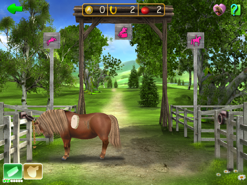 Horse + Pony Magazine: My First Pony (Windows) screenshot: Grooming the horse before saddling it up. Remember to do both sides<br>The three pink signs lead to the training areas for each of the three disciplines