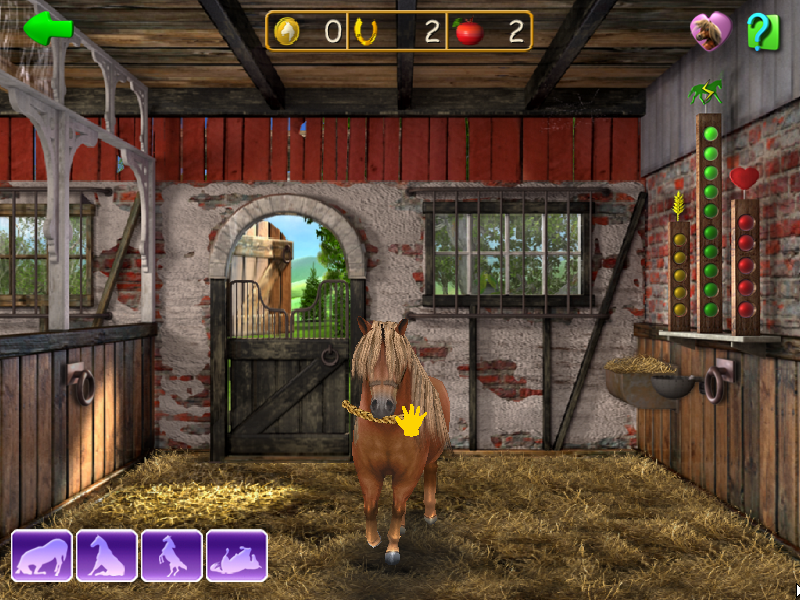 Horse + Pony Magazine: My First Pony (Windows) screenshot: The horse is moved around by using the mouse to grab it's halter and lead it around. The same process is used to tether it to the wall
