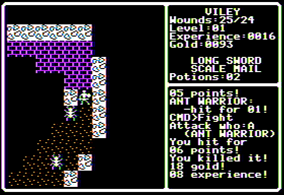 Shadowforge (Apple II) screenshot: Stomping on some pests.
