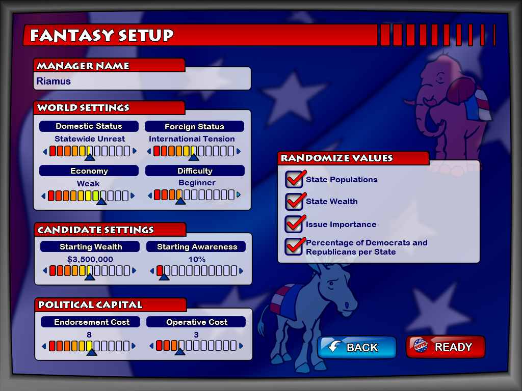 The Political Machine (Windows) screenshot: Setting up the Fantasy game (part 1)