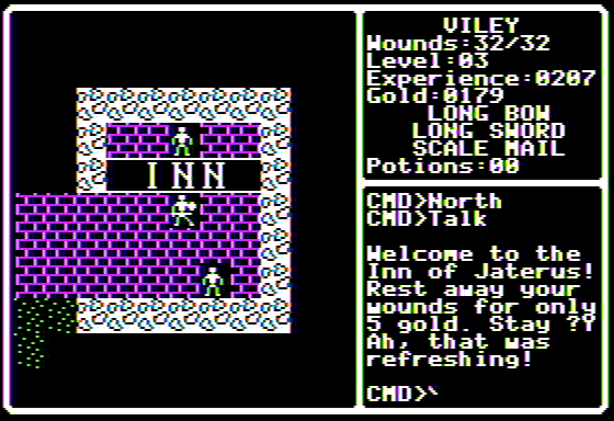 Shadowforge (Apple II) screenshot: Turning in for some R&R, after a good leveling up