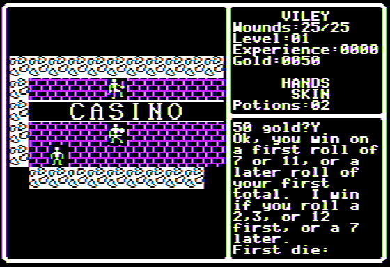Shadowforge (Apple II) screenshot: Vice rears its ugly head in the 'hidden' casino