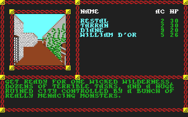 Pool of Radiance (Commodore 64) screenshot: Automated demo highlights <b>landmarks</b> in the town of Phlan.