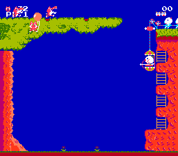 Pooyan (NES) screenshot: The wolfs are using balloons to get to the ground.