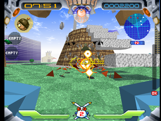 Jumping Flash! 2 (PlayStation) screenshot: Killing a crab enemy.