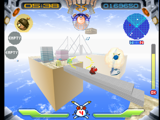 Jumping Flash! 2 (PlayStation) screenshot: Bridge with a firing cannon