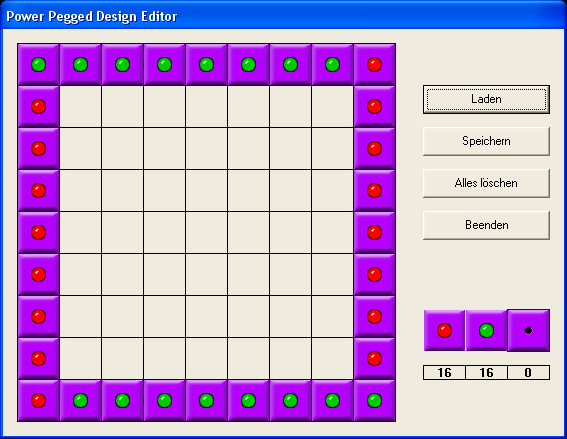 Power Pegged (Windows) screenshot: Level Editor - place one of three things with a left click or clear a square with a right click