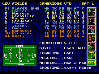 Premier Manager 97 (Genesis) screenshot: The tactics screen. Selecting them according to the opposition and to the players available is a must.