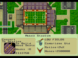Premier Manager 97 (Genesis) screenshot: Stadium improvements. If you are planning on getting promoted, top divisions will require more facilities such as better floodlights and no terraces.