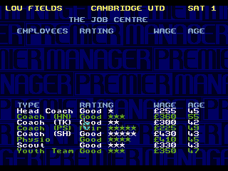 Premier Manager 97 (Genesis) screenshot: The job centre is crucial. A good trainer will get the most from your players, a physio reduce injury time, a scout search for better deals and a youth team manager to find the next Ronaldinho.