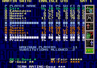 Premier Manager 97 (Genesis) screenshot: The blue bar represents an injured player.