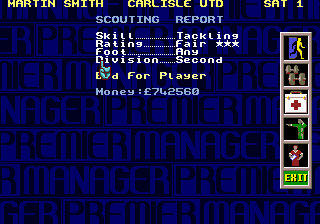 Premier Manager 97 (Genesis) screenshot: Send the scout out to find a set style of player.