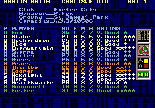 Premier Manager 97 (Genesis) screenshot: Exeter City's squad information.