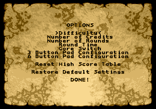 Primal Rage (SEGA 32X) screenshot: Options menu.