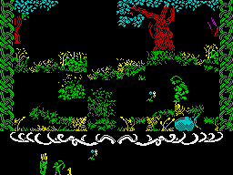 Robin of the Wood (ZX Spectrum) screenshot: Robin must collect flowers. Witch take them for transport you to another location.