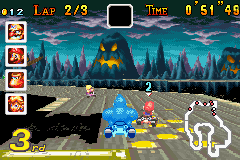 Mario Kart: Super Circuit (Game Boy Advance) screenshot: Donkey Kong using the star power-up (temporarily increases your speed and makes you invincible) on the tricky Broken Pier track.