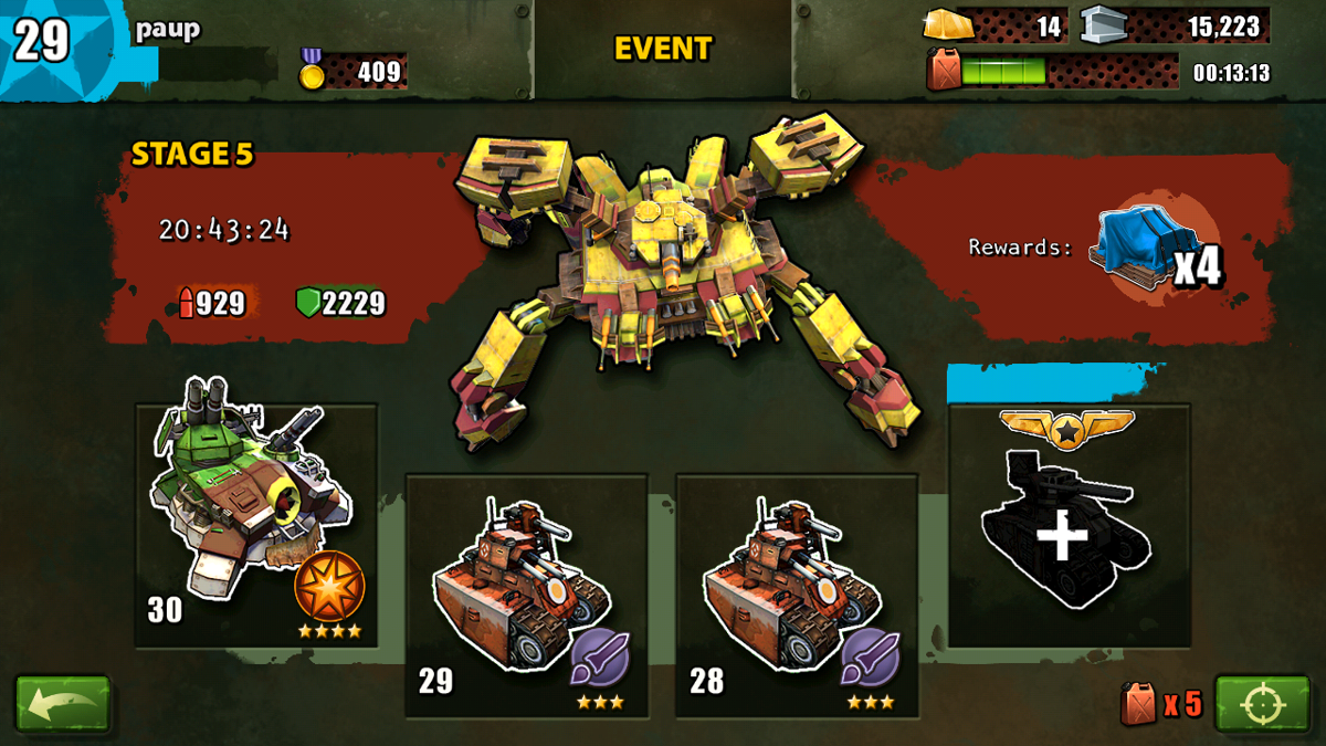 Base Busters (Android) screenshot: Boss event feature huge walking tanks!