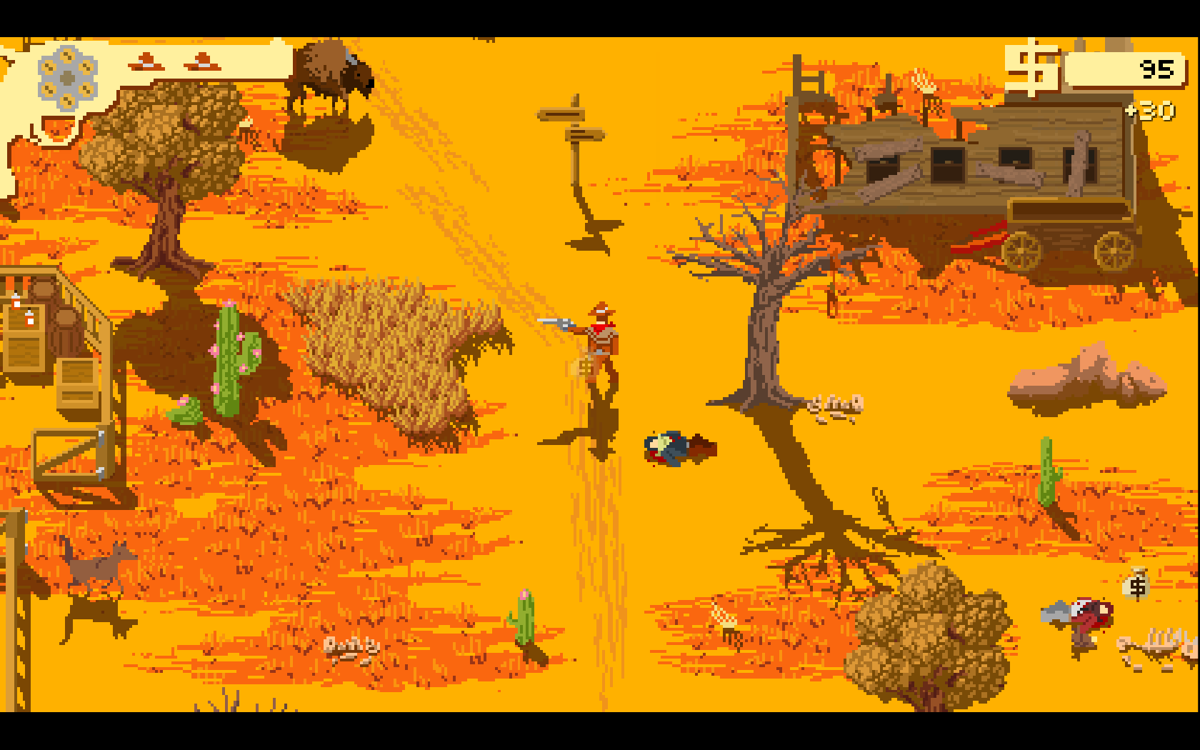 Westerado: Double Barreled (Windows) screenshot: Two enemies have been killed, but the coyote to the left can still be a threat.