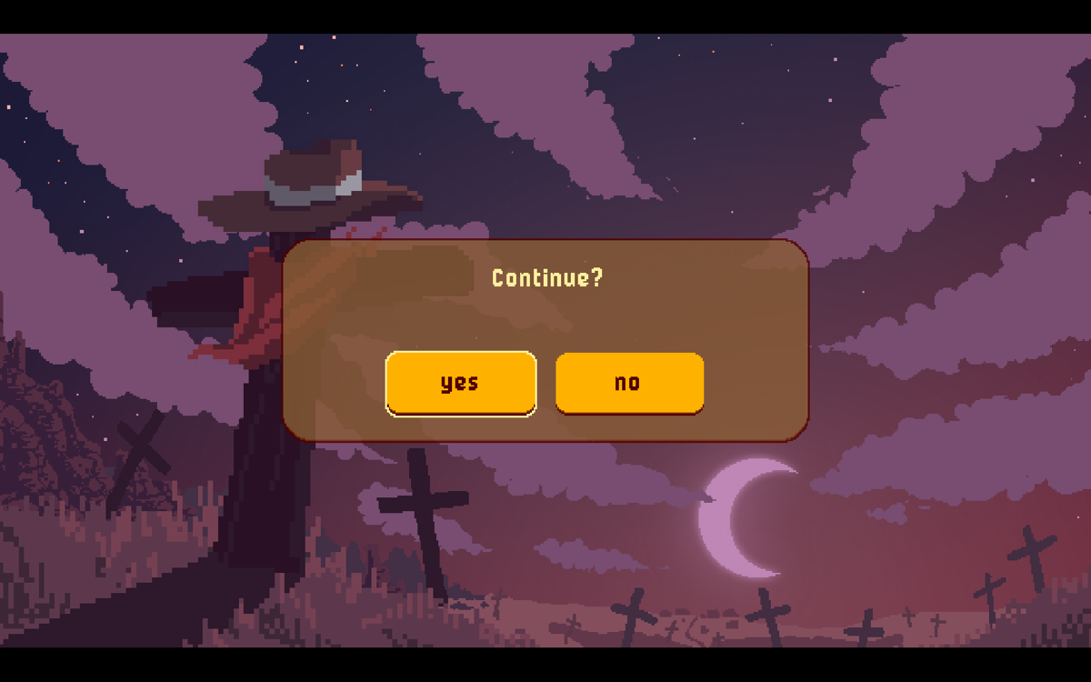 Westerado: Double Barreled (Windows) screenshot: Continue screen after dying. There are three save slots for separate games.