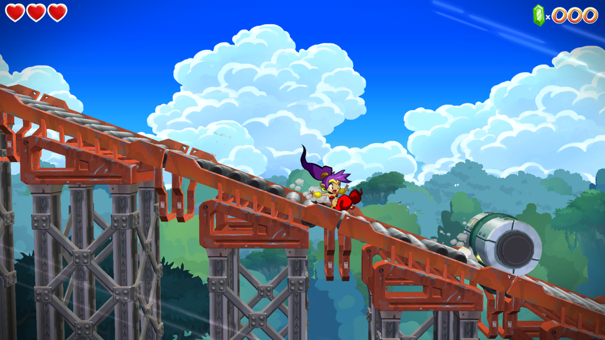 Shantae: Half-Genie Hero Demo (Windows) screenshot: The third level, in which Shantae is sliding down a...slide of some sort. She must avoid the rolling barrels.