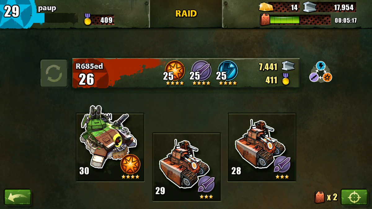 Base Busters (Android) screenshot: When starting a raid the player sees the opposition and rewards he might expect. A new opponent can be requested if the current one doesn't yield enough rewards or is too hard.