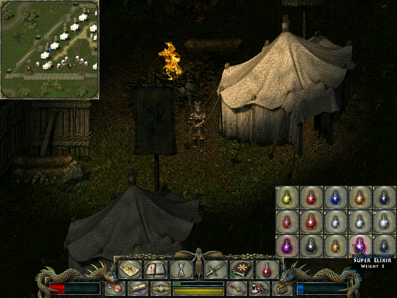 Divine Divinity (Windows) screenshot: From a Chekhov story: It was a cozy night, fire lit near the tents of the Archer Guild. I stood under the banner and started gulping potions. Drink, orthodox people! Drink! The soul is burning!..