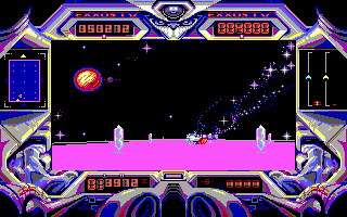 Purple Saturn Day (DOS) screenshot: The Tronic Slider: Shoot an energy ball, pick up more fragments than your competitor