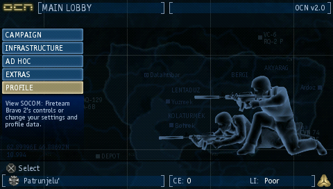 SOCOM: U.S. Navy SEALs - Fireteam Bravo 2 (PSP) screenshot: Main menu.