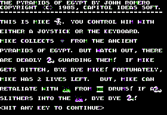 Pyramids of Egypt (Apple II) screenshot: Instructions, pg1
