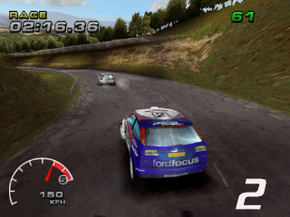 WRC: FIA World Rally Championship Arcade (PlayStation) screenshot: Spain Rallye Catalunya, about to take first place