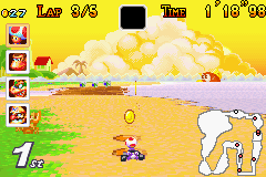 Mario Kart: Super Circuit (Game Boy Advance) screenshot: Shrunk to a little Toad after someone used the lighting power-up at Cheep-Cheep Island.