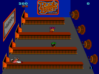 Arcade's Greatest Hits: The Midway Collection 2 (PlayStation) screenshot: Root Beer Tapper - Being dragged over the balcony by one of the customers.
