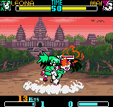 SNK Gals' Fighters (Neo Geo Pocket Color) screenshot: Leona Heidern making a bitten 3-hit combo in Mai through a bloody version of her DM Grateful Dead.
