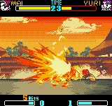 SNK Gals' Fighters (Neo Geo Pocket Color) screenshot: Yuri feels the power of Shiranui flames in a slightly redrawn version of Mai's DM Deadly Ninja Bees.