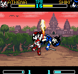 SNK Gals' Fighters (Neo Geo Pocket Color) screenshot: Using old-skool classic clothes, Athena takes full advantage of her Psycho Sword move: literally...