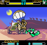 SNK Gals' Fighters (Neo Geo Pocket Color) screenshot: Leona Heidern is suddenly knocked down by Mai Shiranui's stomping-parachuted butt attack.