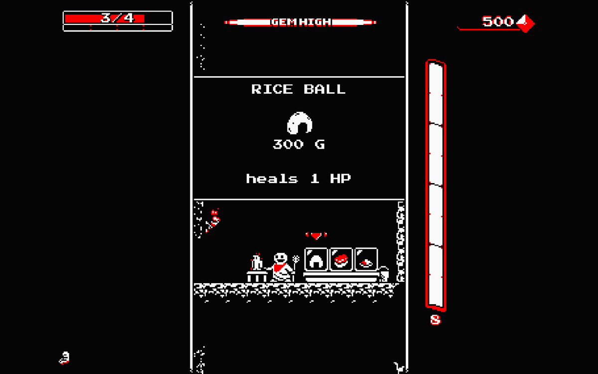 Downwell (Windows) screenshot: Browsing items in the shop.