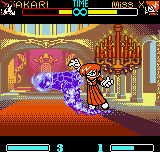 SNK Gals' Fighters (Neo Geo Pocket Color) screenshot: Akari Ichijyou burning in purple flames during Miss "Iori" X's anti-air move 100 Shiki: Oni Yaki.