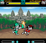 SNK Gals' Fighters (Neo Geo Pocket Color) screenshot: Yuri Sakazaki makes a single hit point damage in Athena Asamiya after executing her taunt.
